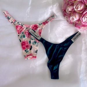 Set 2 Satin Shine Strap Logo Rose Pink Brazilian and Forest Green Thong Panties